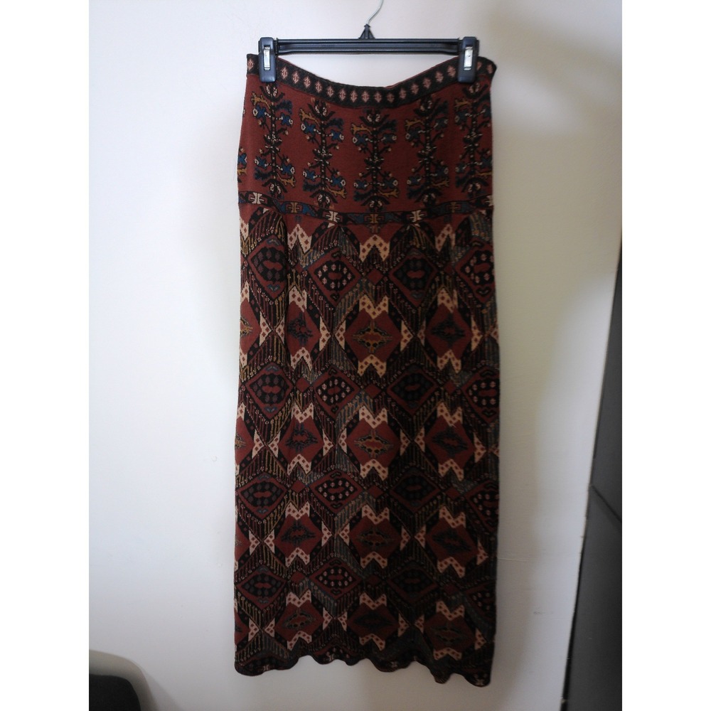 Peruvian Connection Maxi Skirt Womens M Rust Boho Intarsia Knit Geometric Peru
